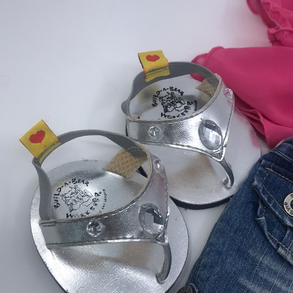 Build A Bear Outfit Pink Chiffon Top, Jeans and Jewelled Metallic Sandals - Picture 4 of 7